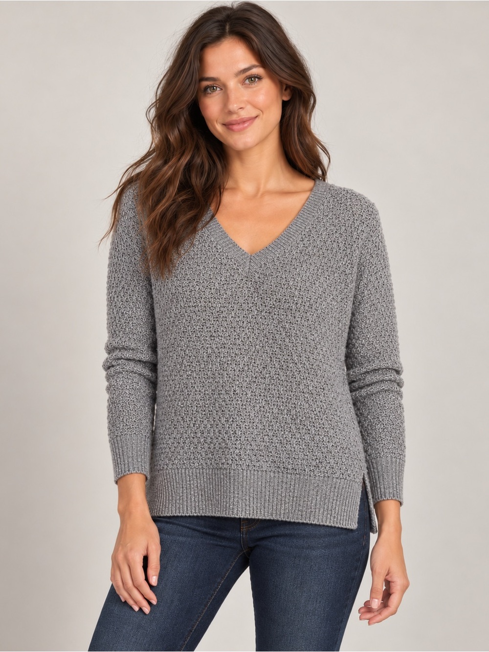 American Eagle Gray Textured V Neck Cotton Blend Sweater Side Slit Medium
